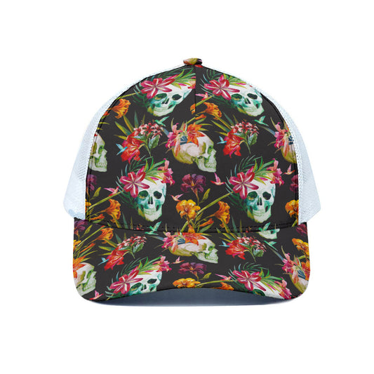 Blossom Flowers Skull Pattern Print White Mesh Trucker Cap