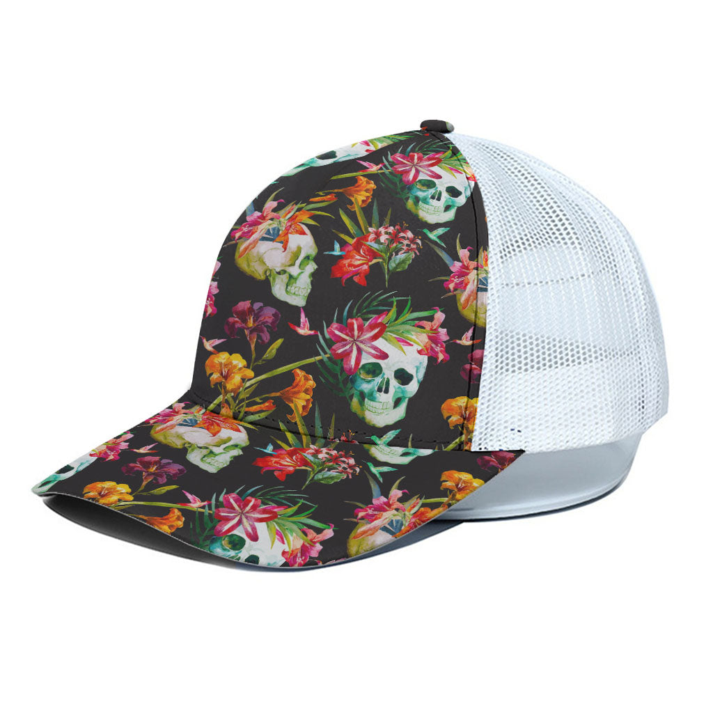 Blossom Flowers Skull Pattern Print White Mesh Trucker Cap