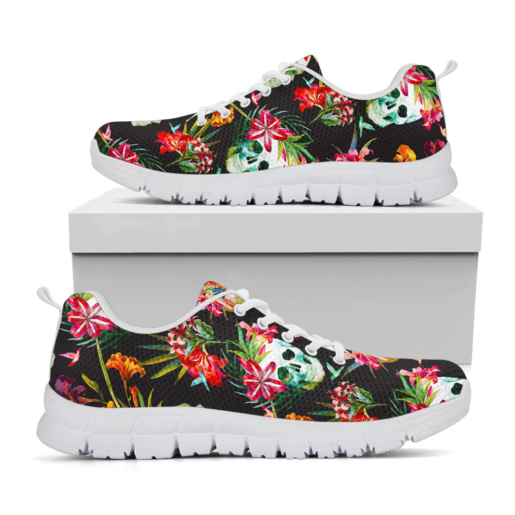 Blossom Flowers Skull Pattern Print White Running Shoes