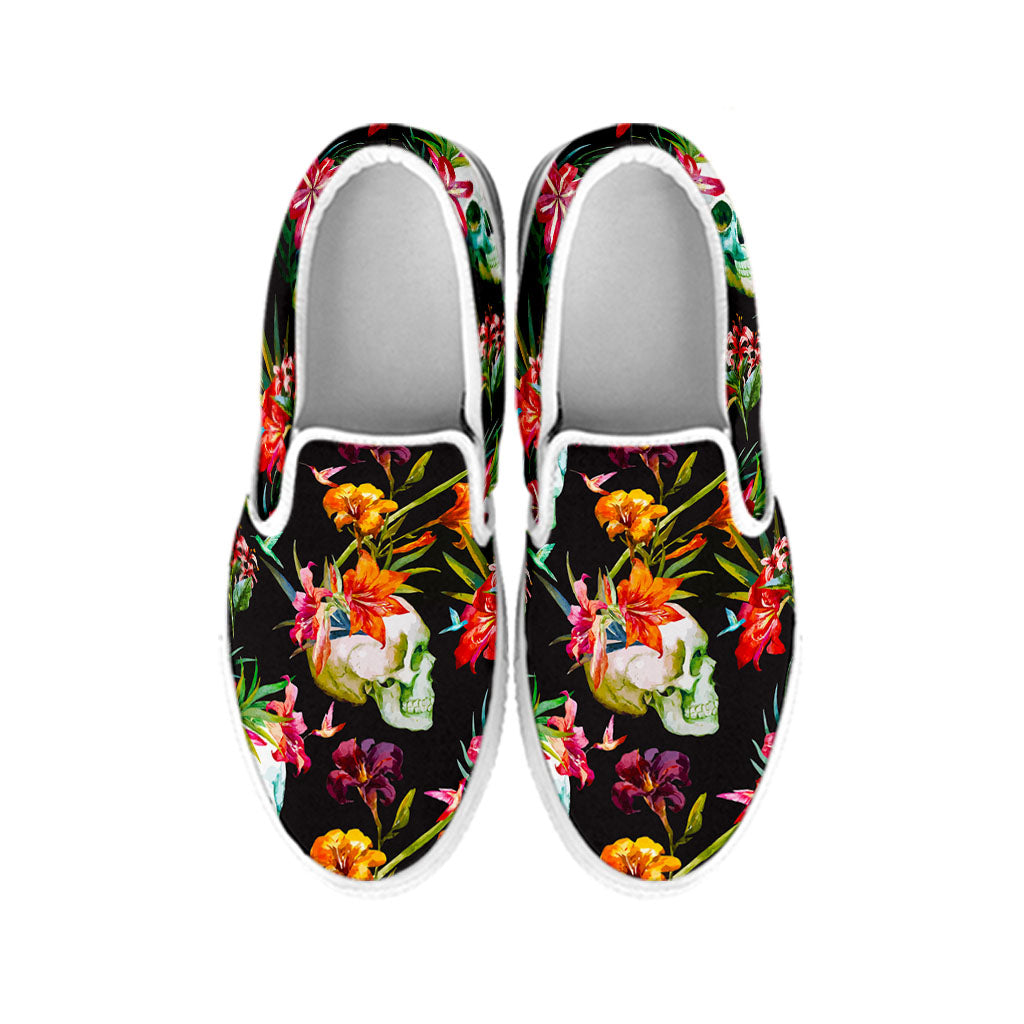 Blossom Flowers Skull Pattern Print White Slip On Sneakers