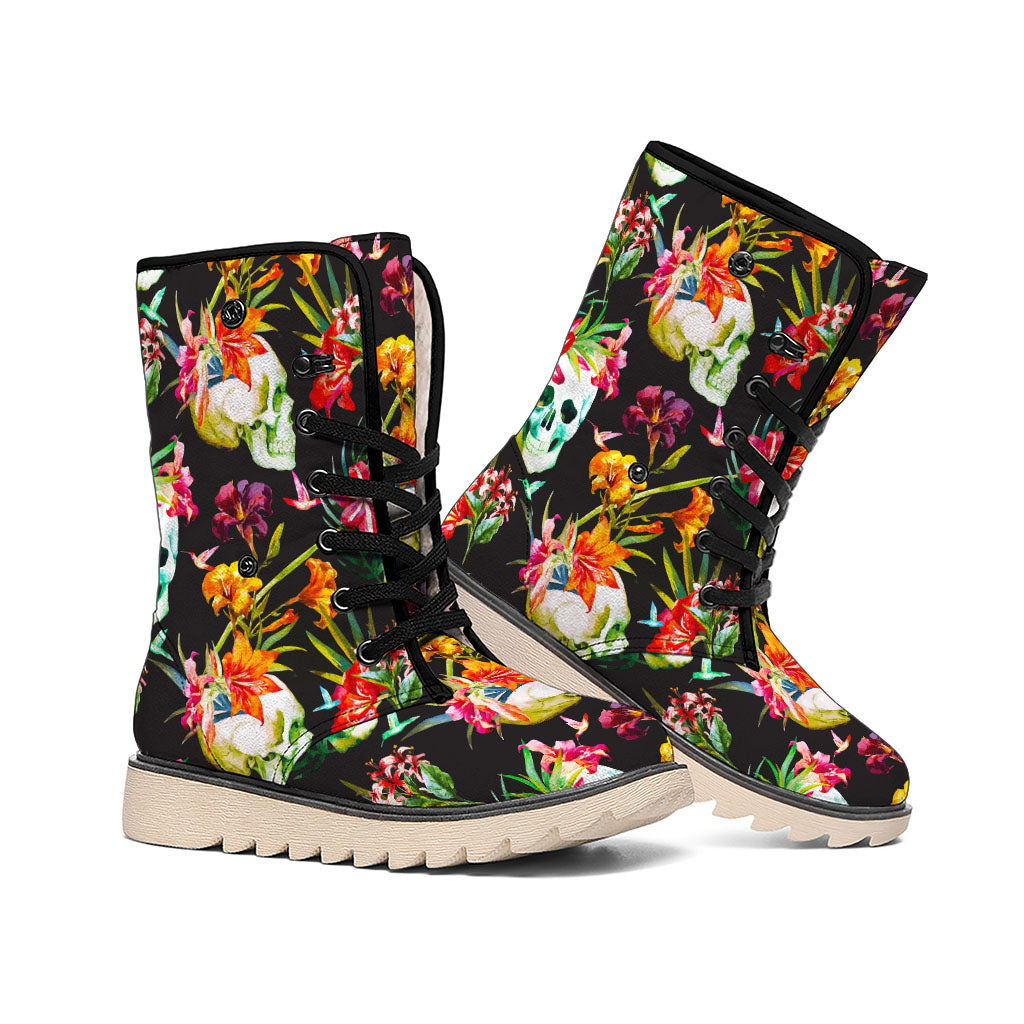 Blossom Flowers Skull Pattern Print Winter Boots