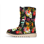 Blossom Flowers Skull Pattern Print Winter Boots