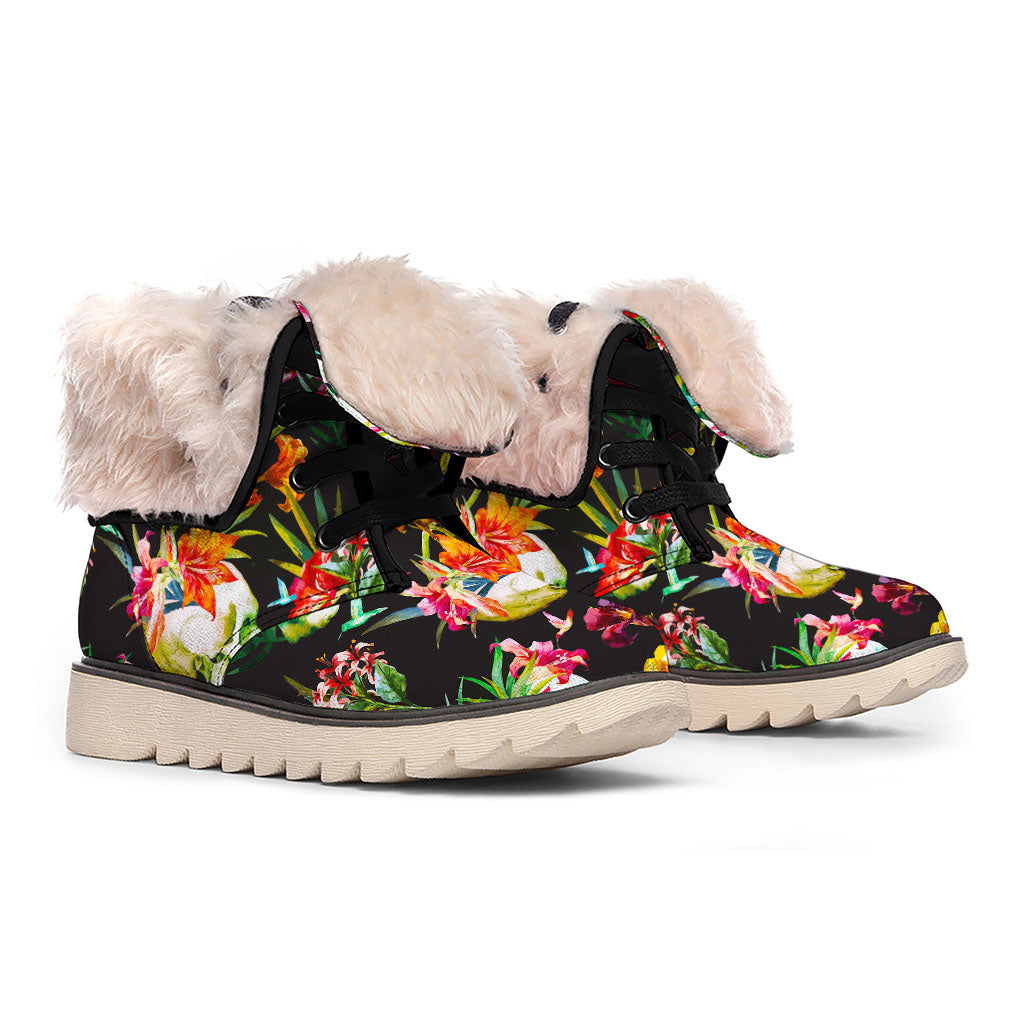 Blossom Flowers Skull Pattern Print Winter Boots
