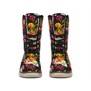 Blossom Flowers Skull Pattern Print Winter Boots