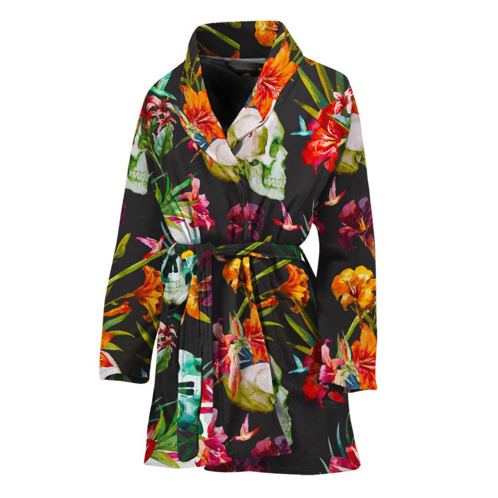 Blossom Flowers Skull Pattern Print Women's Bathrobe