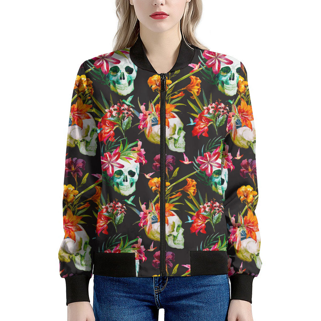 Blossom Flowers Skull Pattern Print Women's Bomber Jacket