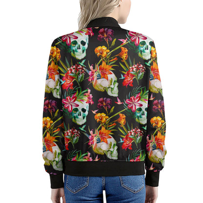 Blossom Flowers Skull Pattern Print Women's Bomber Jacket