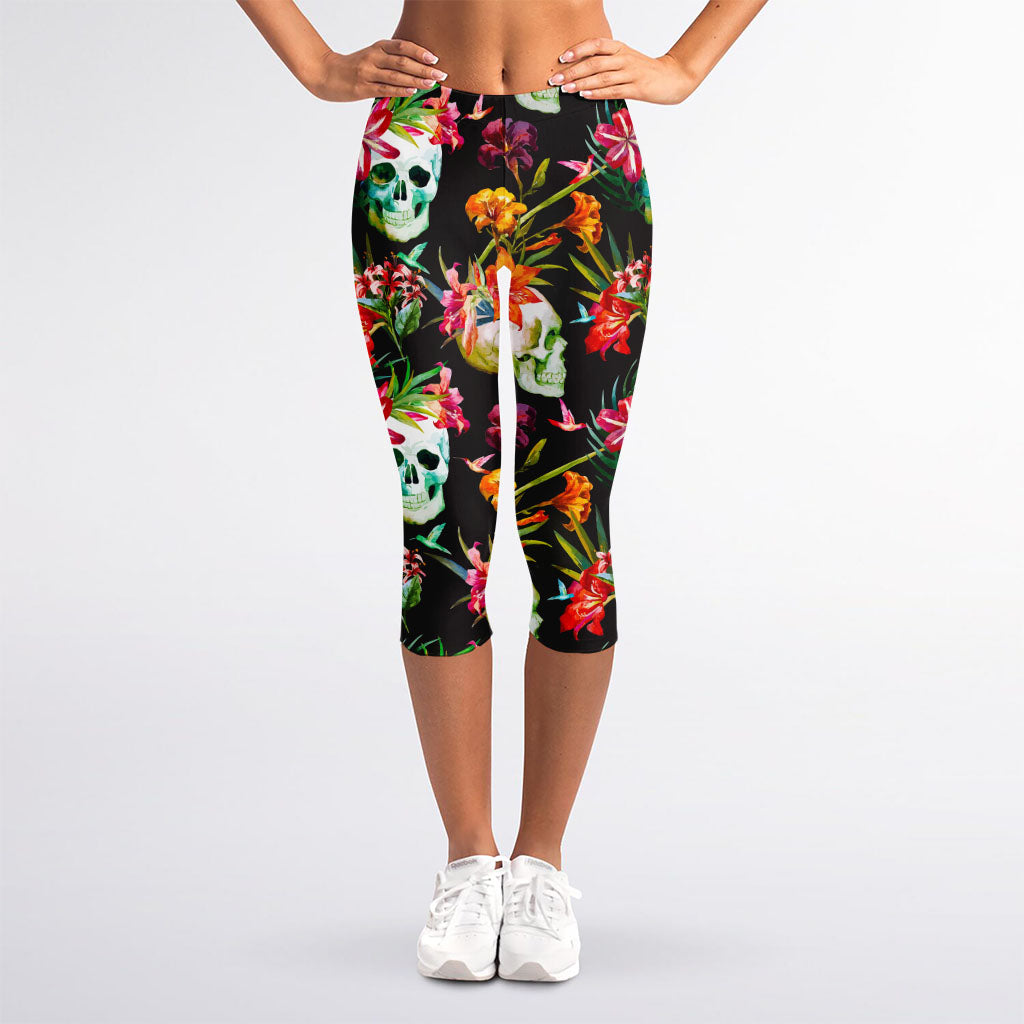 Blossom Flowers Skull Pattern Print Women's Capri Leggings