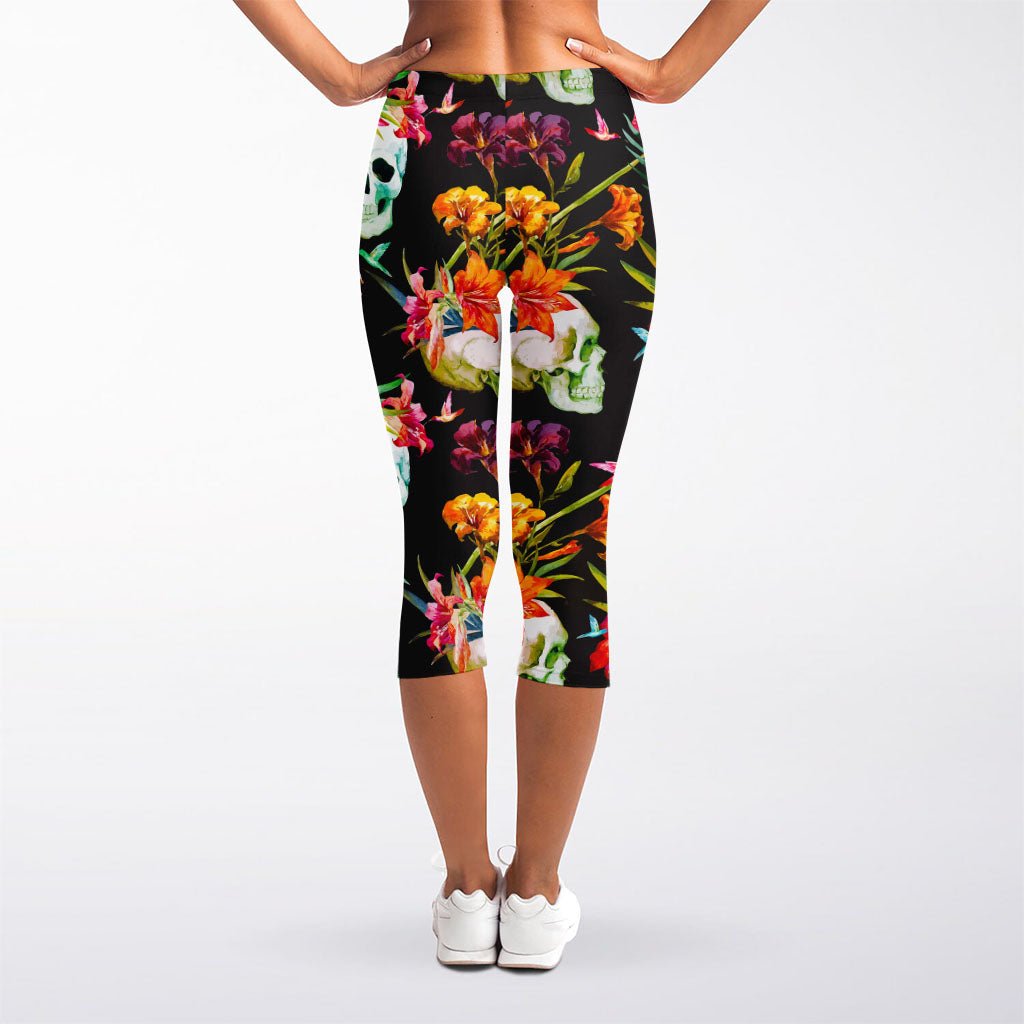 Blossom Flowers Skull Pattern Print Women's Capri Leggings