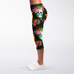 Blossom Flowers Skull Pattern Print Women's Capri Leggings