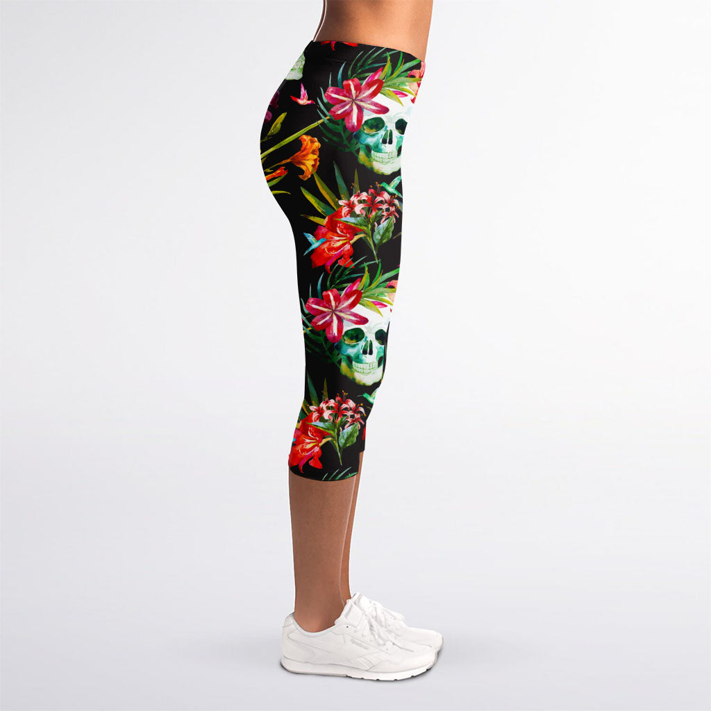 Blossom Flowers Skull Pattern Print Women's Capri Leggings