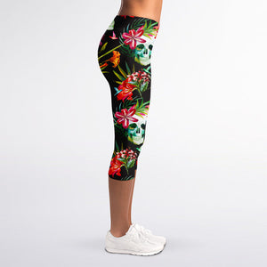 Blossom Flowers Skull Pattern Print Women's Capri Leggings