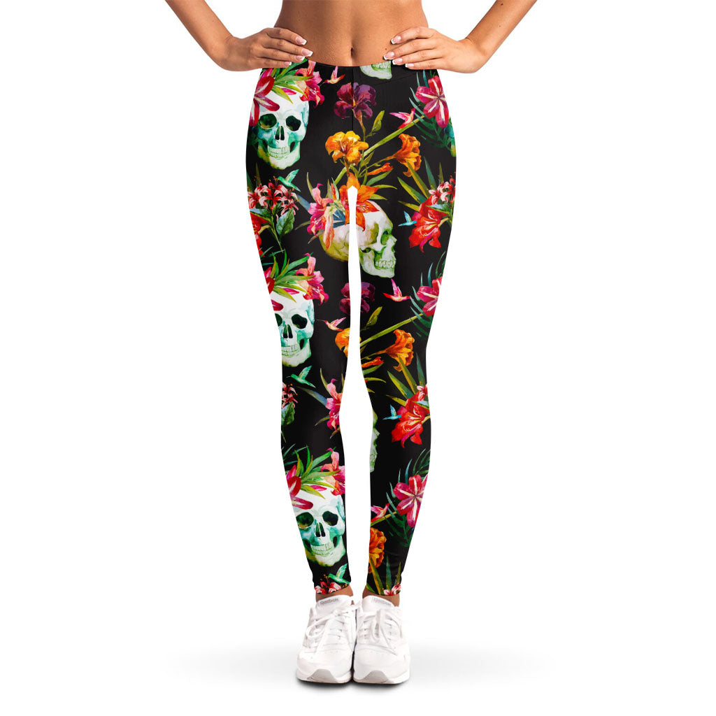 Blossom Flowers Skull Pattern Print Women's Leggings