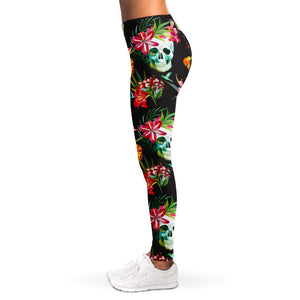 Blossom Flowers Skull Pattern Print Women's Leggings