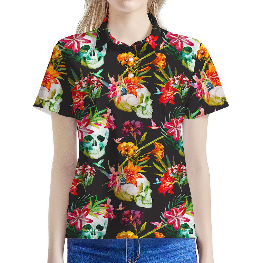 Blossom Flowers Skull Pattern Print Women's Polo Shirt