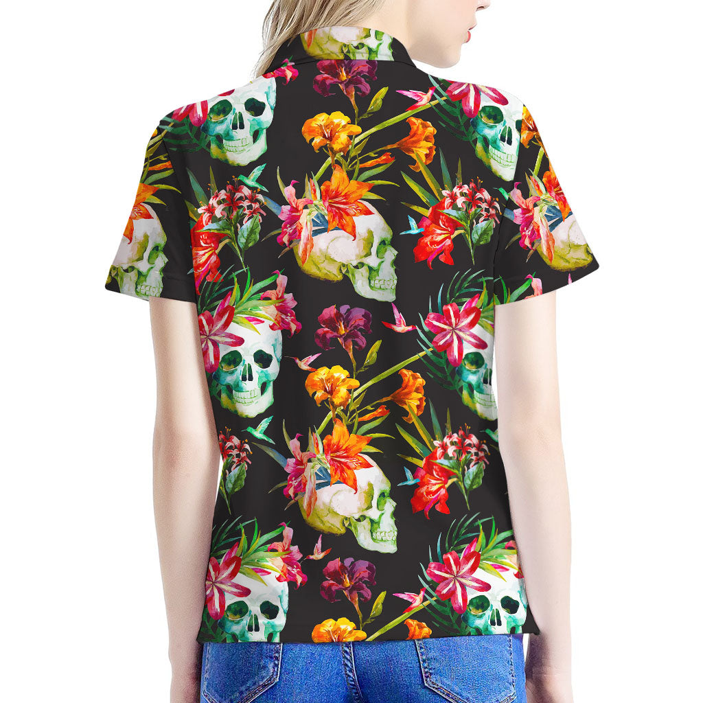 Blossom Flowers Skull Pattern Print Women's Polo Shirt