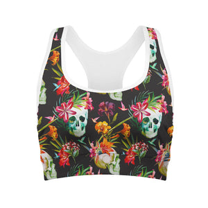 Blossom Flowers Skull Pattern Print Women's Sports Bra