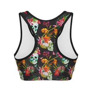 Blossom Flowers Skull Pattern Print Women's Sports Bra