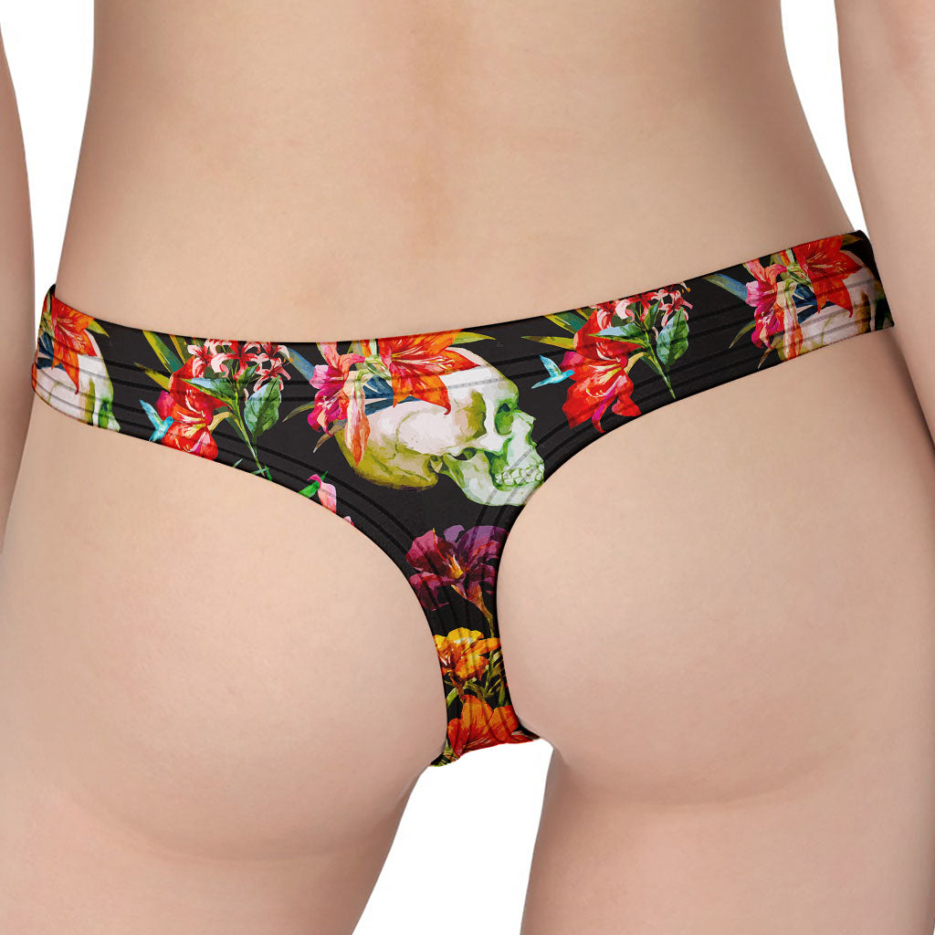 Blossom Flowers Skull Pattern Print Women's Thong