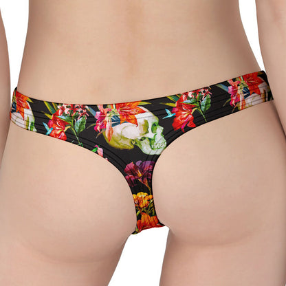 Blossom Flowers Skull Pattern Print Women's Thong