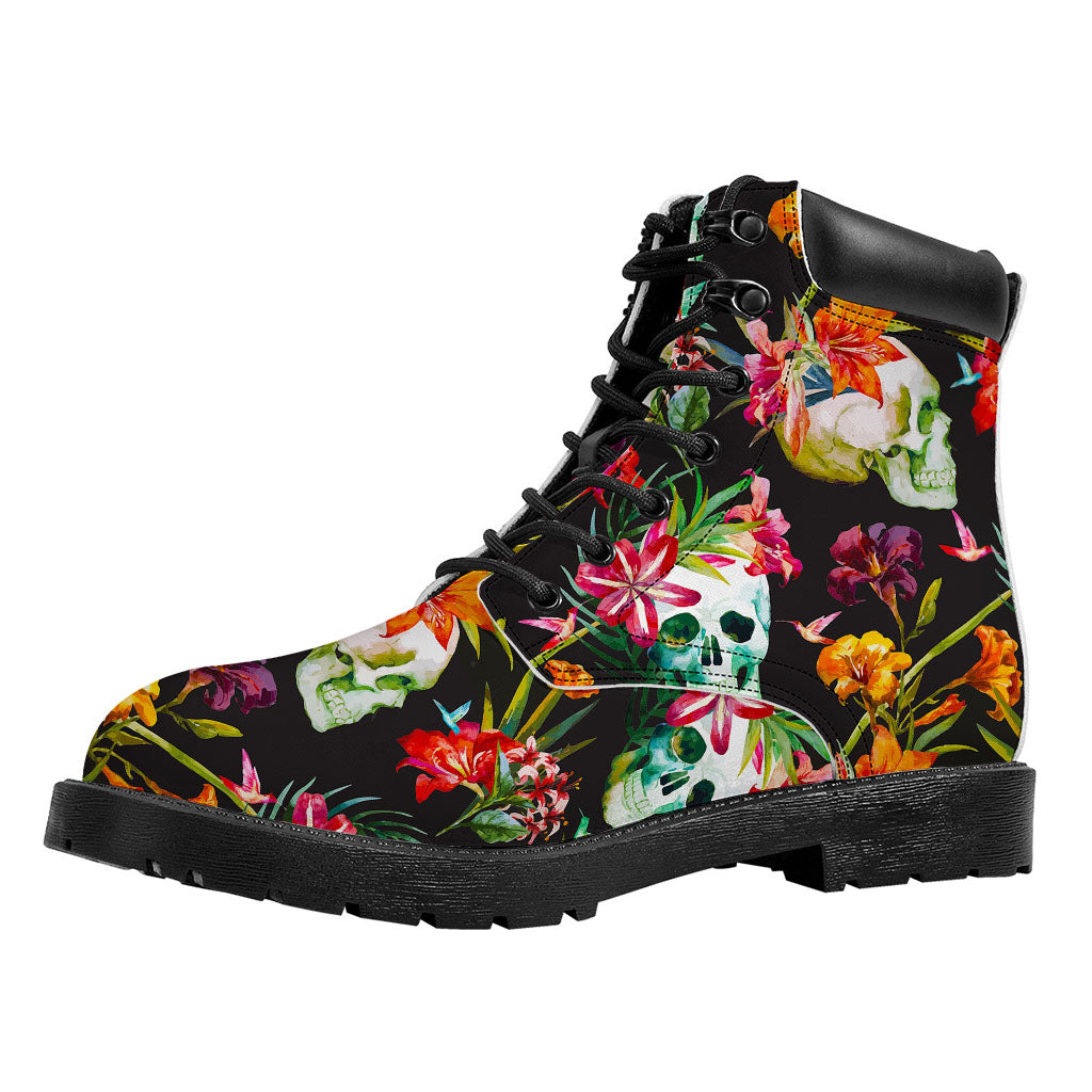 Blossom Flowers Skull Pattern Print Work Boots