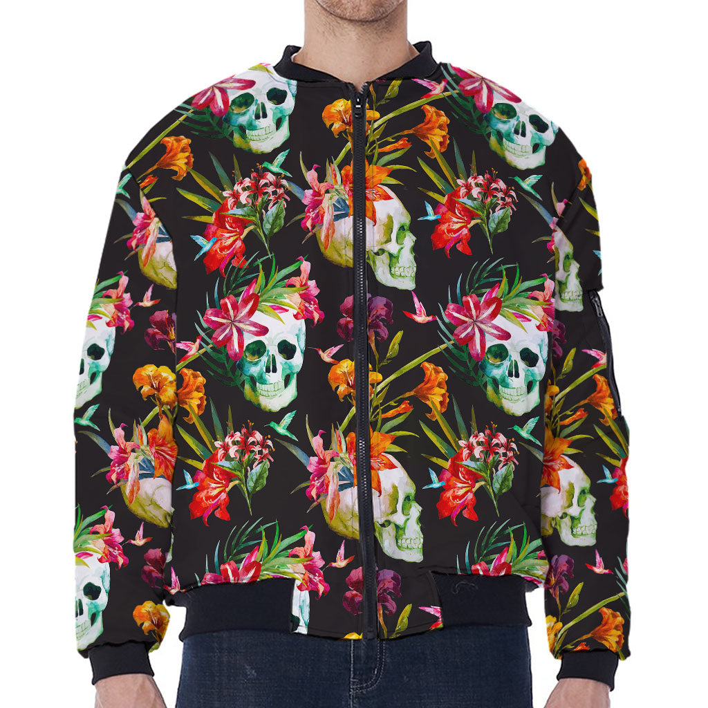 Blossom Flowers Skull Pattern Print Zip Sleeve Bomber Jacket