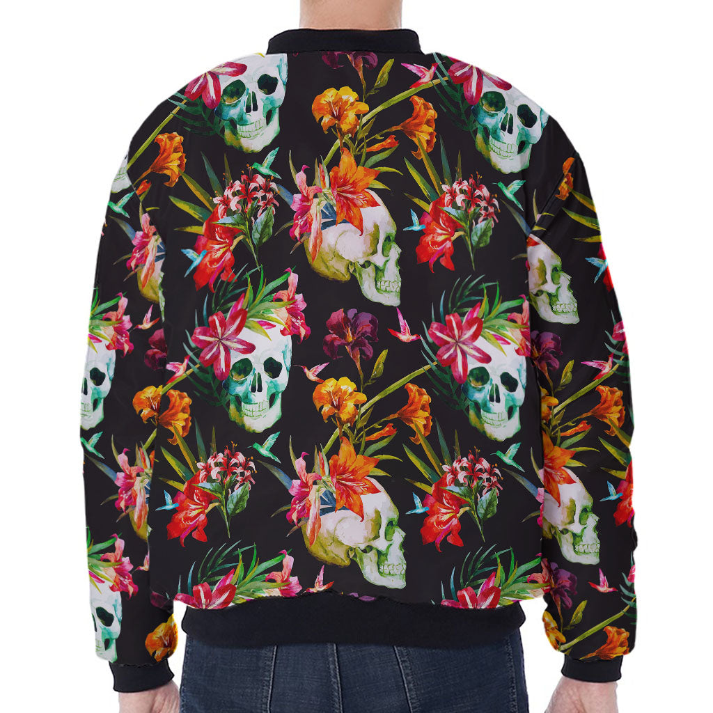 Blossom Flowers Skull Pattern Print Zip Sleeve Bomber Jacket