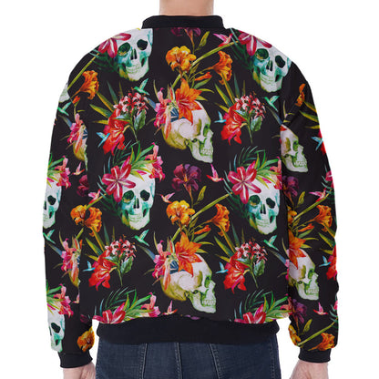 Blossom Flowers Skull Pattern Print Zip Sleeve Bomber Jacket