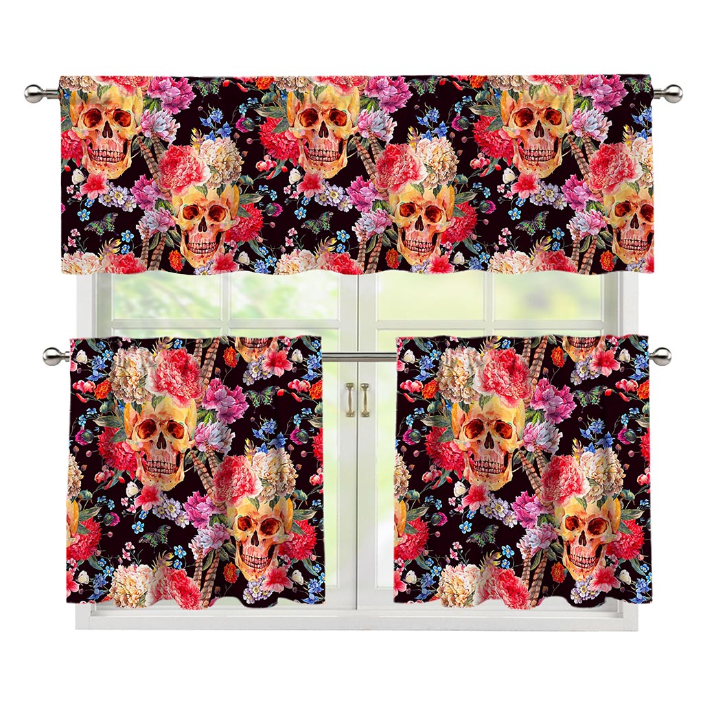 Blossom Peony Skull Pattern Print 3 Piece Kitchen Curtains