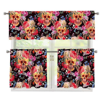 Blossom Peony Skull Pattern Print 3 Piece Kitchen Curtains