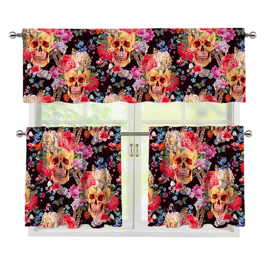Blossom Peony Skull Pattern Print 3 Piece Kitchen Curtains