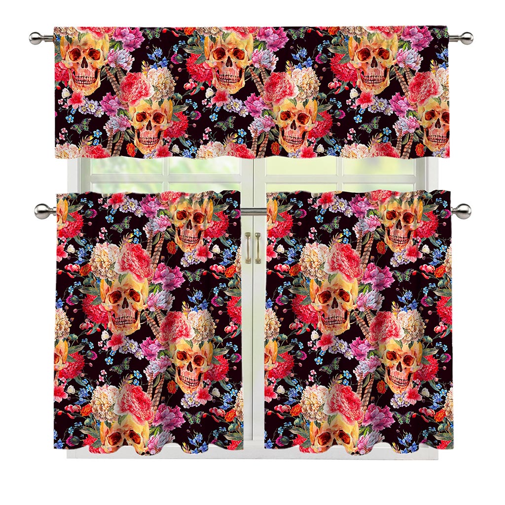 Blossom Peony Skull Pattern Print 3 Piece Kitchen Curtains