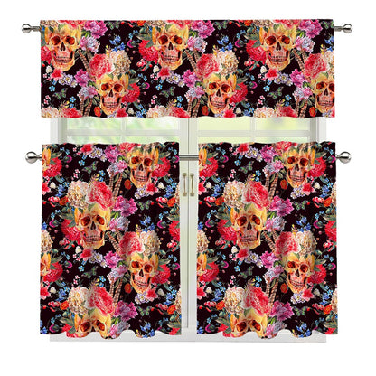 Blossom Peony Skull Pattern Print 3 Piece Kitchen Curtains