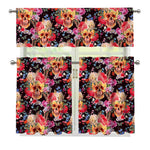 Blossom Peony Skull Pattern Print 3 Piece Kitchen Curtains