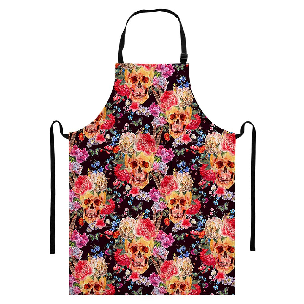 Blossom Peony Skull Pattern Print Bib Apron With Pocket