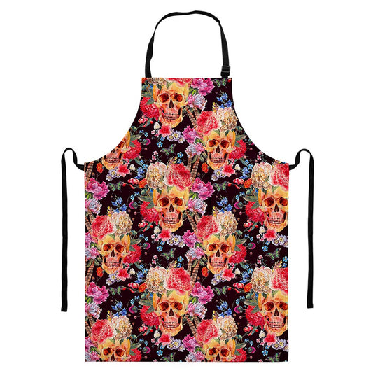Blossom Peony Skull Pattern Print Bib Apron With Pocket