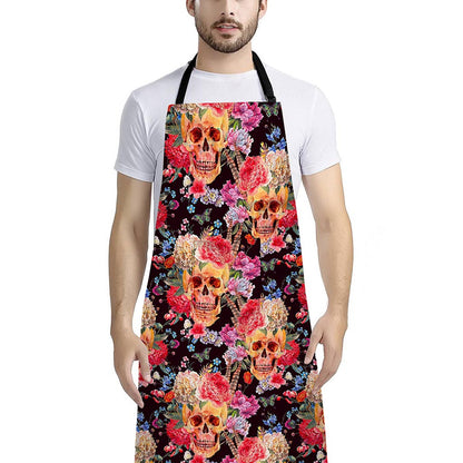 Blossom Peony Skull Pattern Print Bib Apron With Pocket