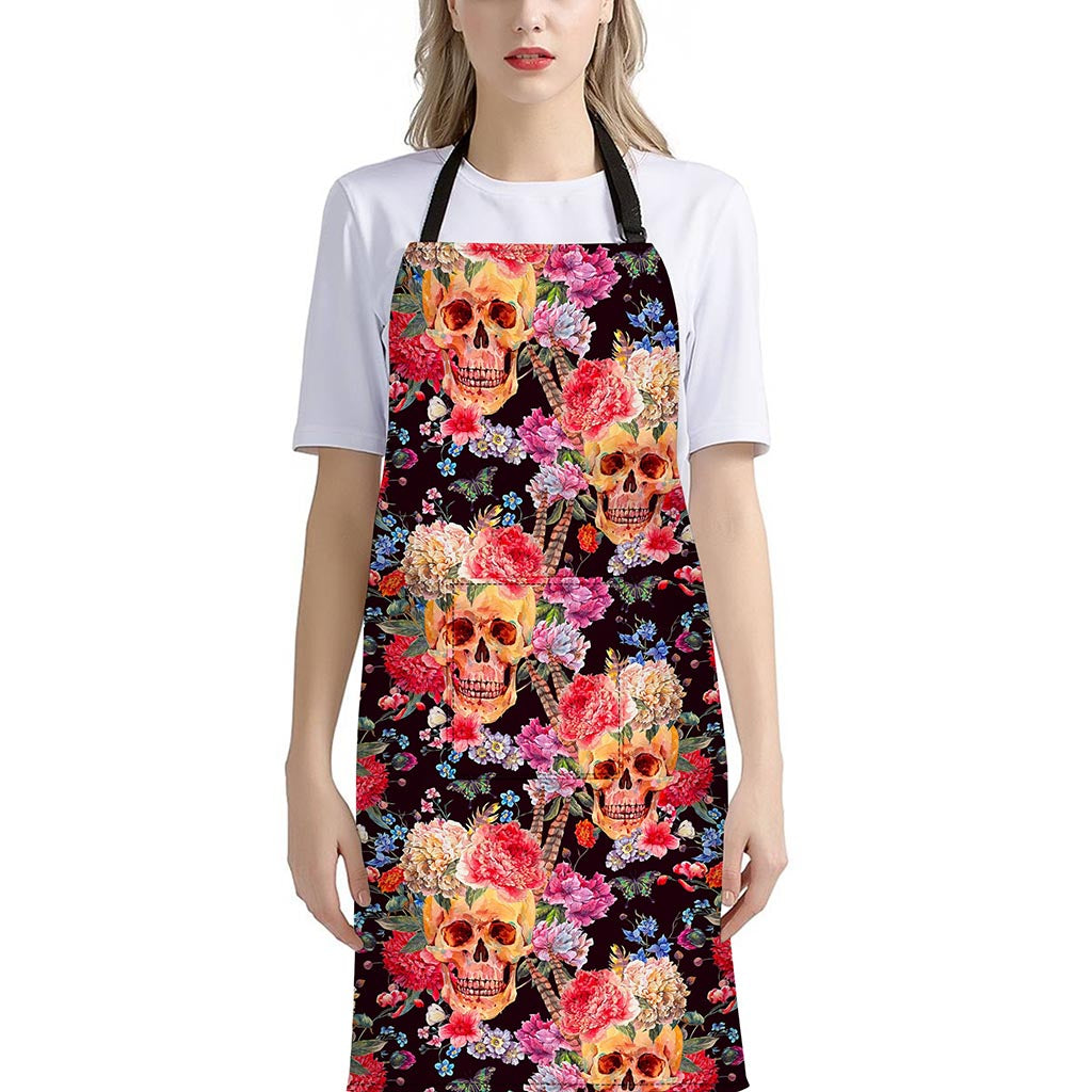 Blossom Peony Skull Pattern Print Bib Apron With Pocket