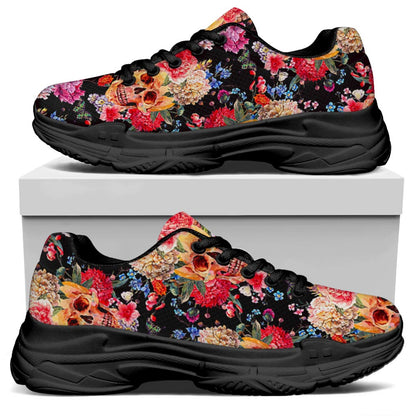 Blossom Peony Skull Pattern Print Black Chunky Shoes