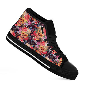 Blossom Peony Skull Pattern Print Black High Top Sneakers