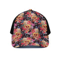 Blossom Peony Skull Pattern Print Black Mesh Trucker Hat