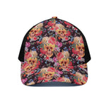 Blossom Peony Skull Pattern Print Black Mesh Trucker Cap