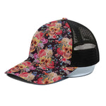 Blossom Peony Skull Pattern Print Black Mesh Trucker Cap