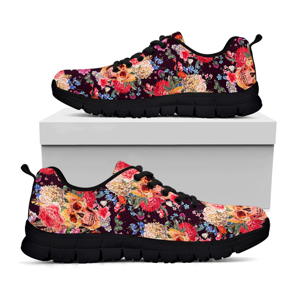 Blossom Peony Skull Pattern Print Black Running Shoes