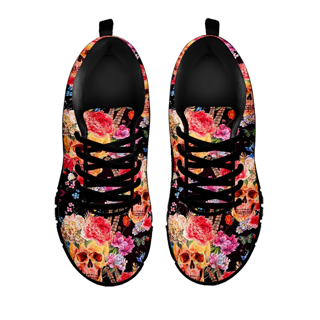 Blossom Peony Skull Pattern Print Black Running Shoes