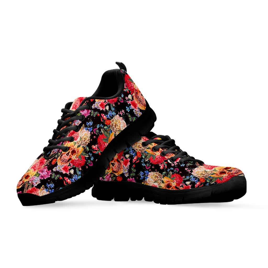 Blossom Peony Skull Pattern Print Black Running Shoes