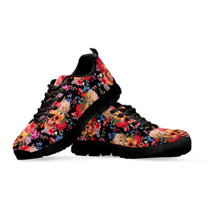 Blossom Peony Skull Pattern Print Black Running Shoes