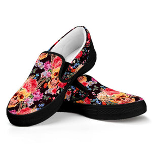 Blossom Peony Skull Pattern Print Black Slip On Sneakers