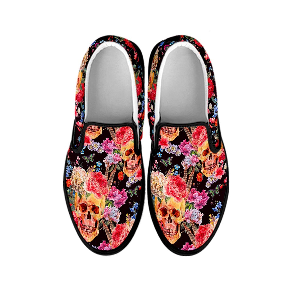 Blossom Peony Skull Pattern Print Black Slip On Sneakers