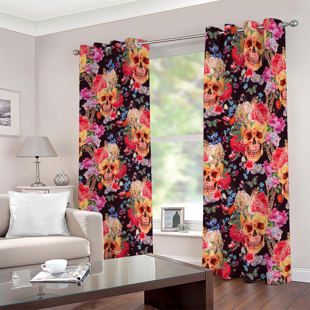 Blossom Peony Skull Pattern Print Blackout Grommet Curtains